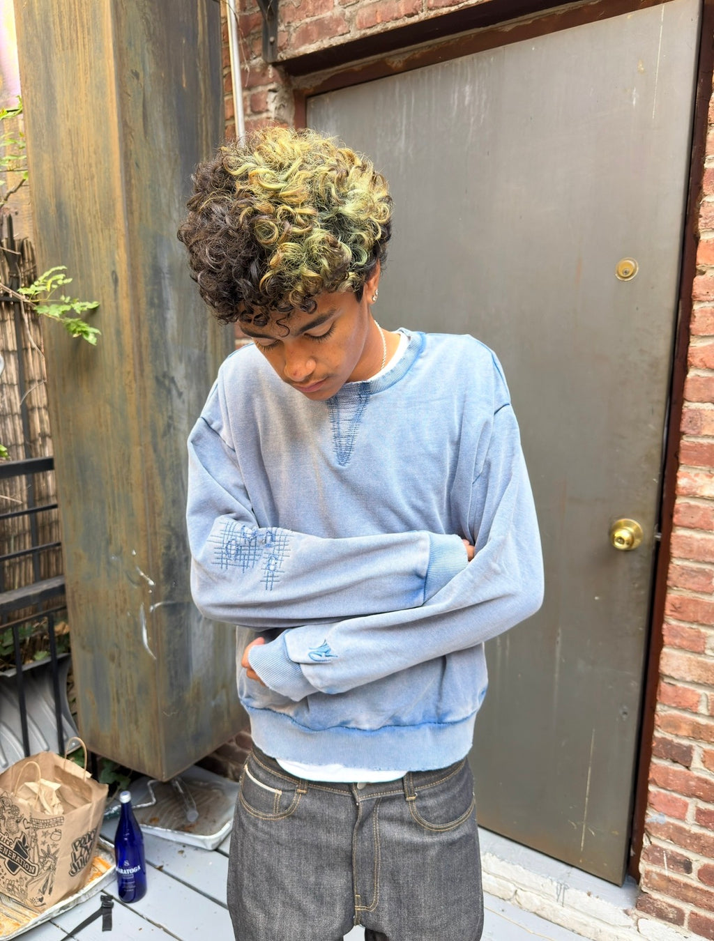 Washed Blue Repaired Crewneck