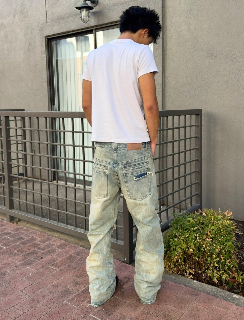 Washed Light Blue Ripped Selvedge Bootcuts