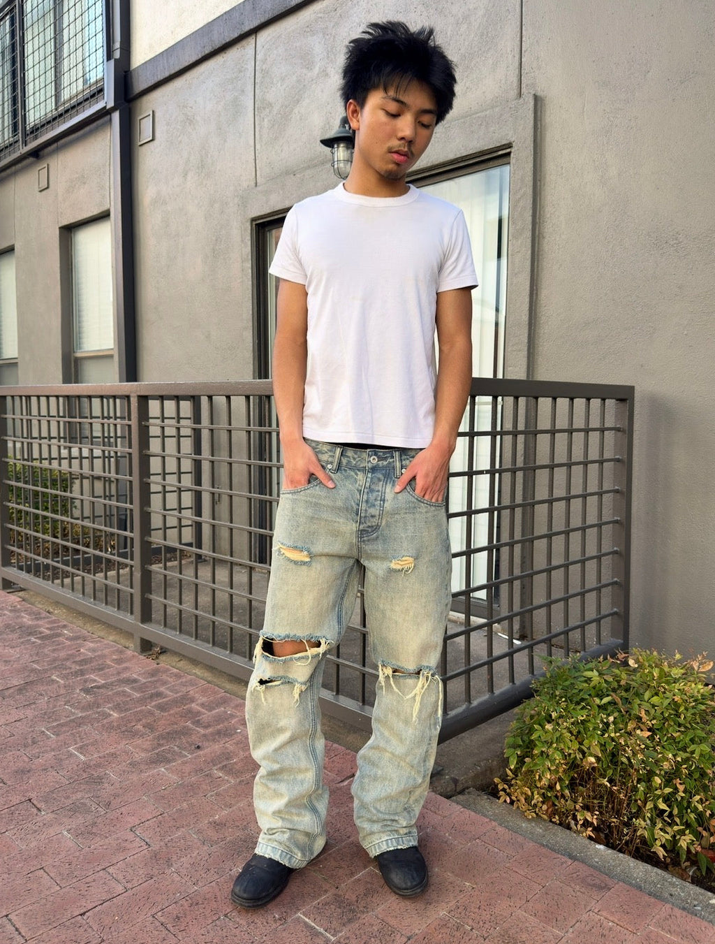 Washed Light Blue Ripped Selvedge Bootcuts