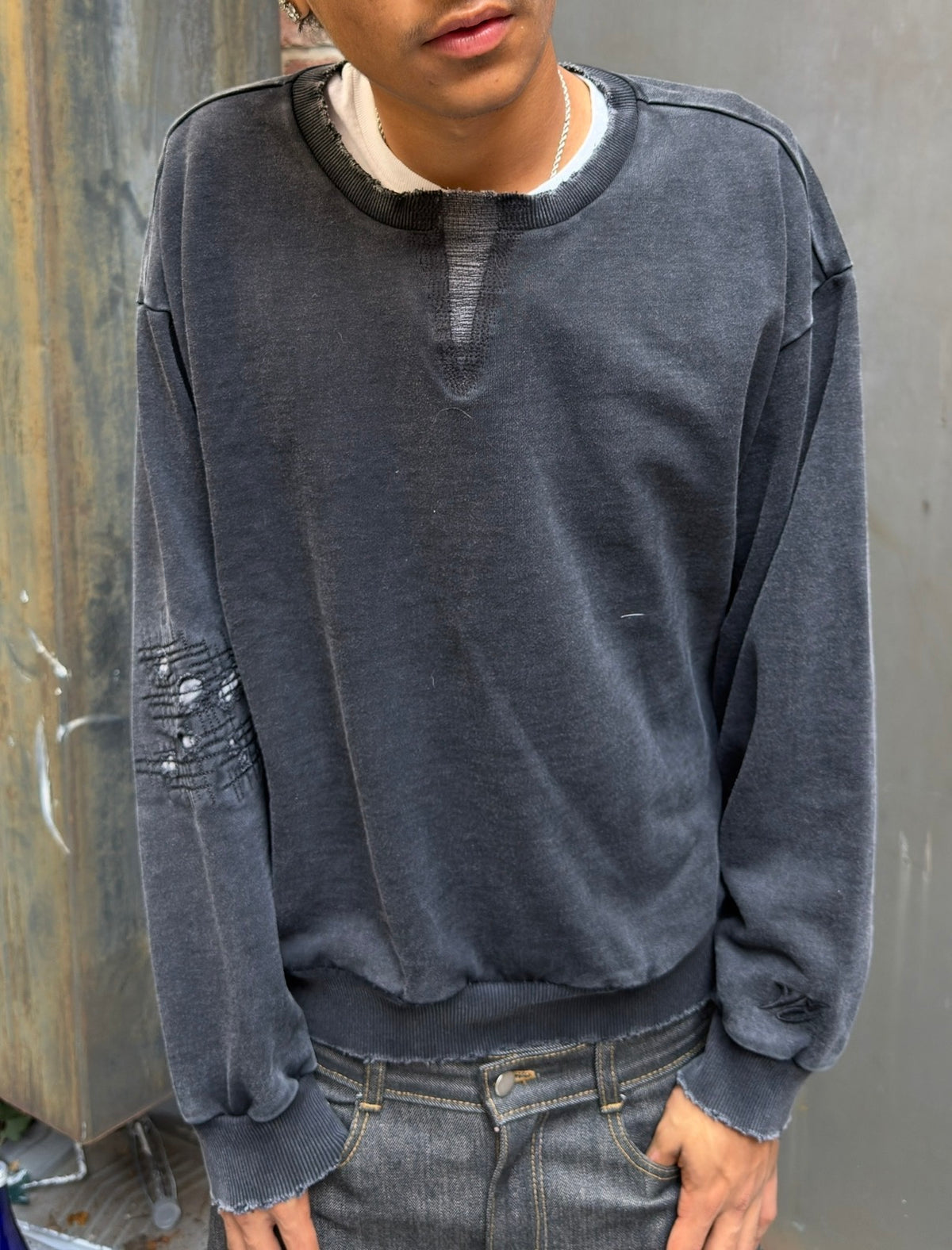 Washed Black Repaired Crewneck
