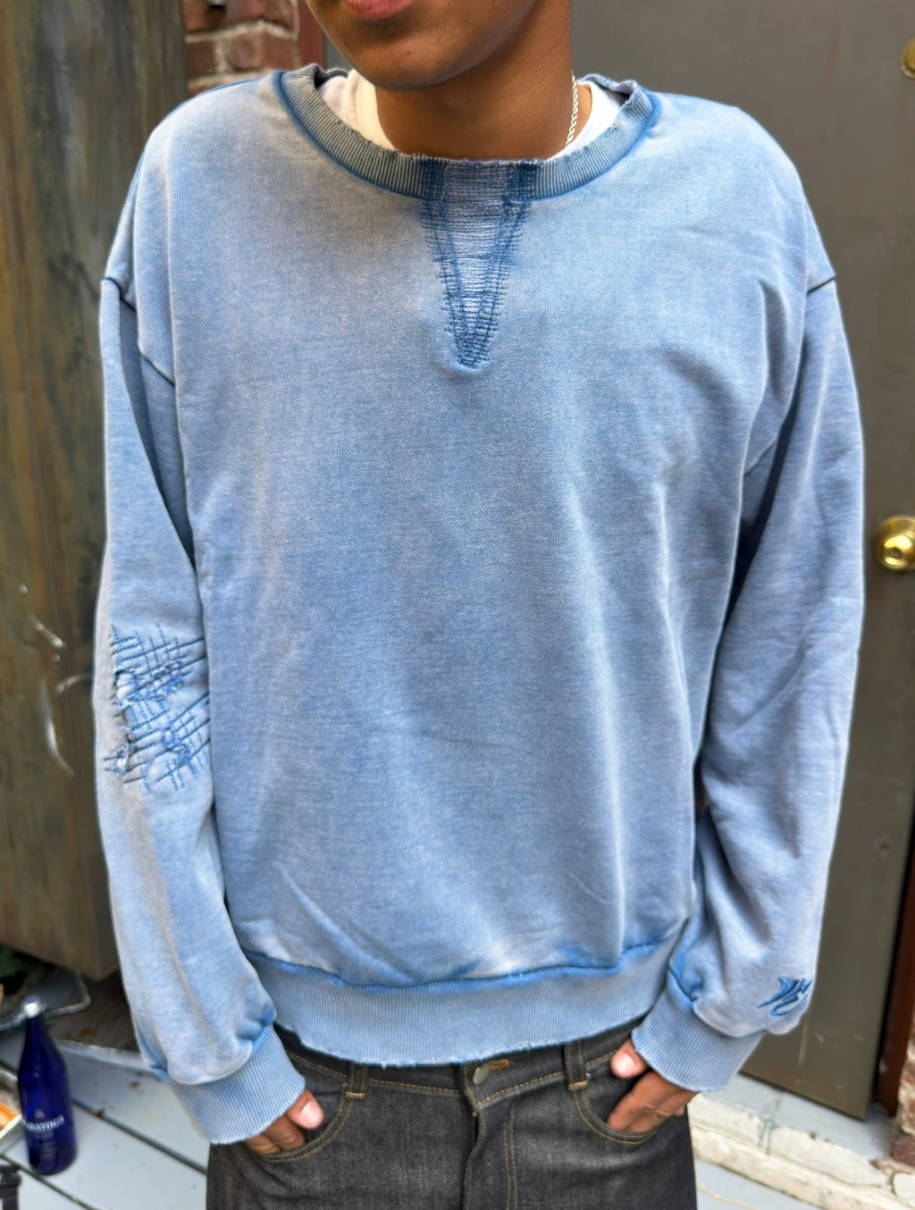Washed Blue Repaired Crewneck