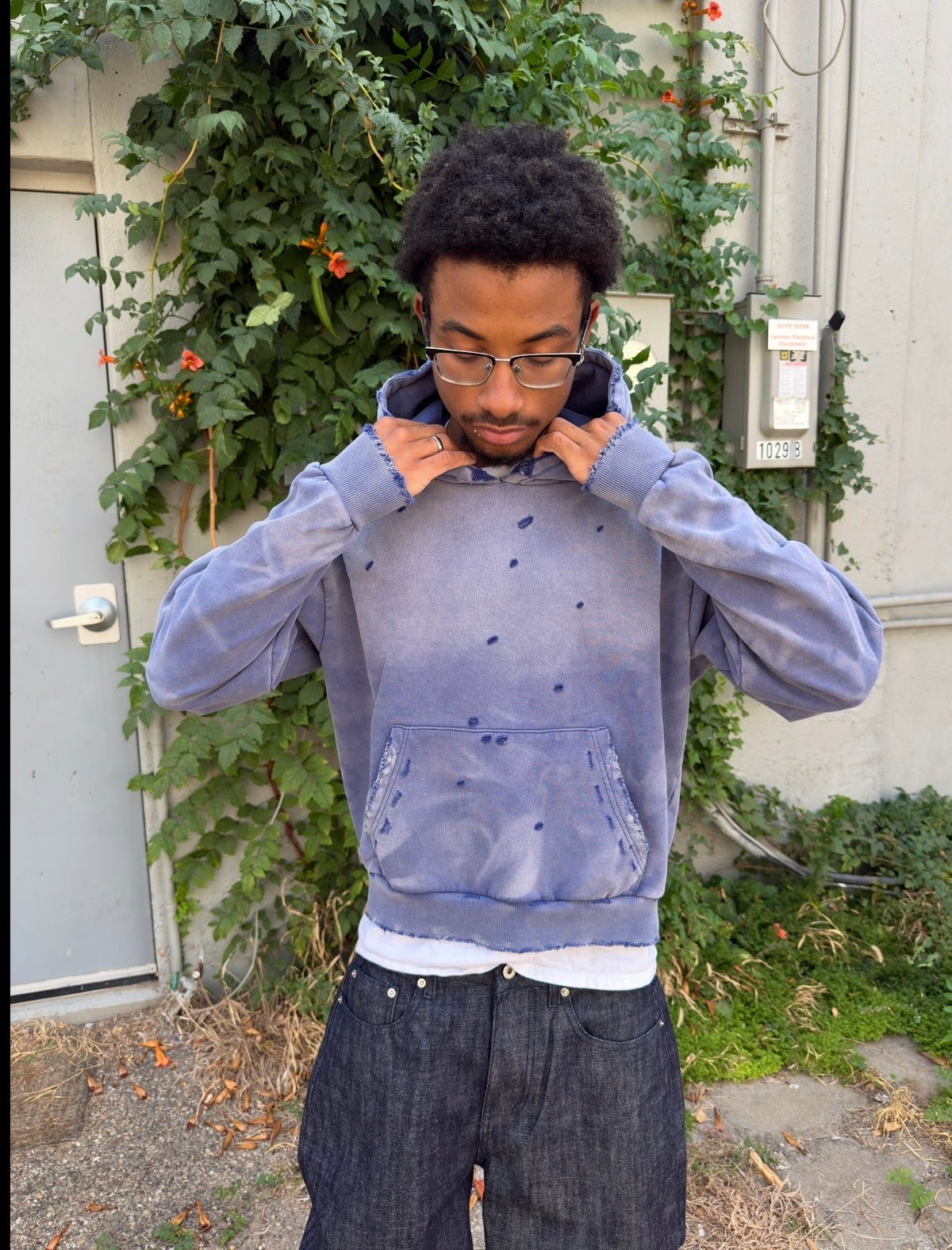 Distressed Light Blue Sunfaded Hoodie