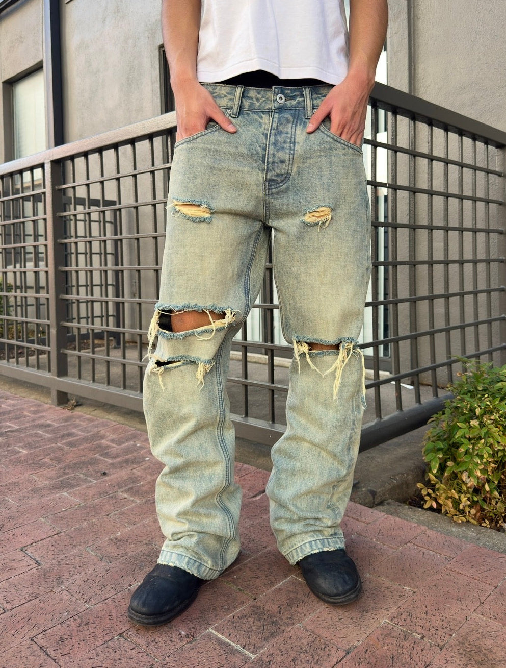 Washed Light Blue Ripped Selvedge Bootcuts