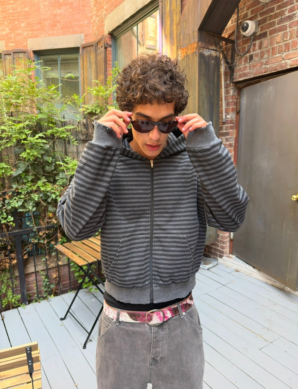 Black Grey Repaired Striped Zipup