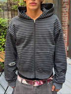 Black Grey Repaired Striped Zipup