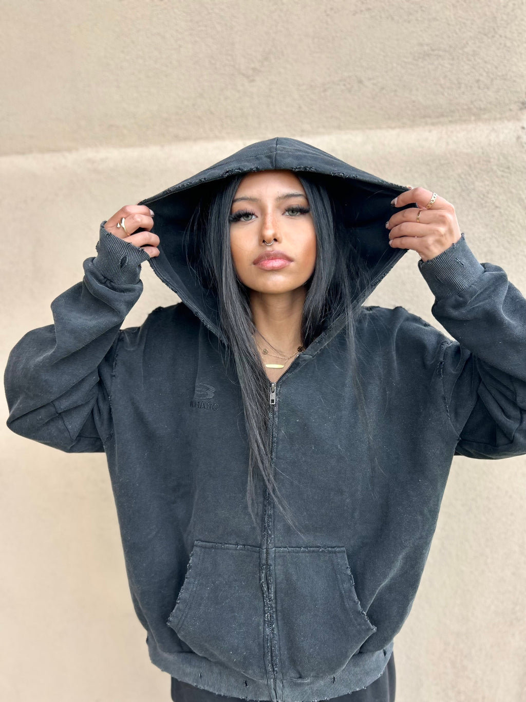 Distressed Washed Black Zipup