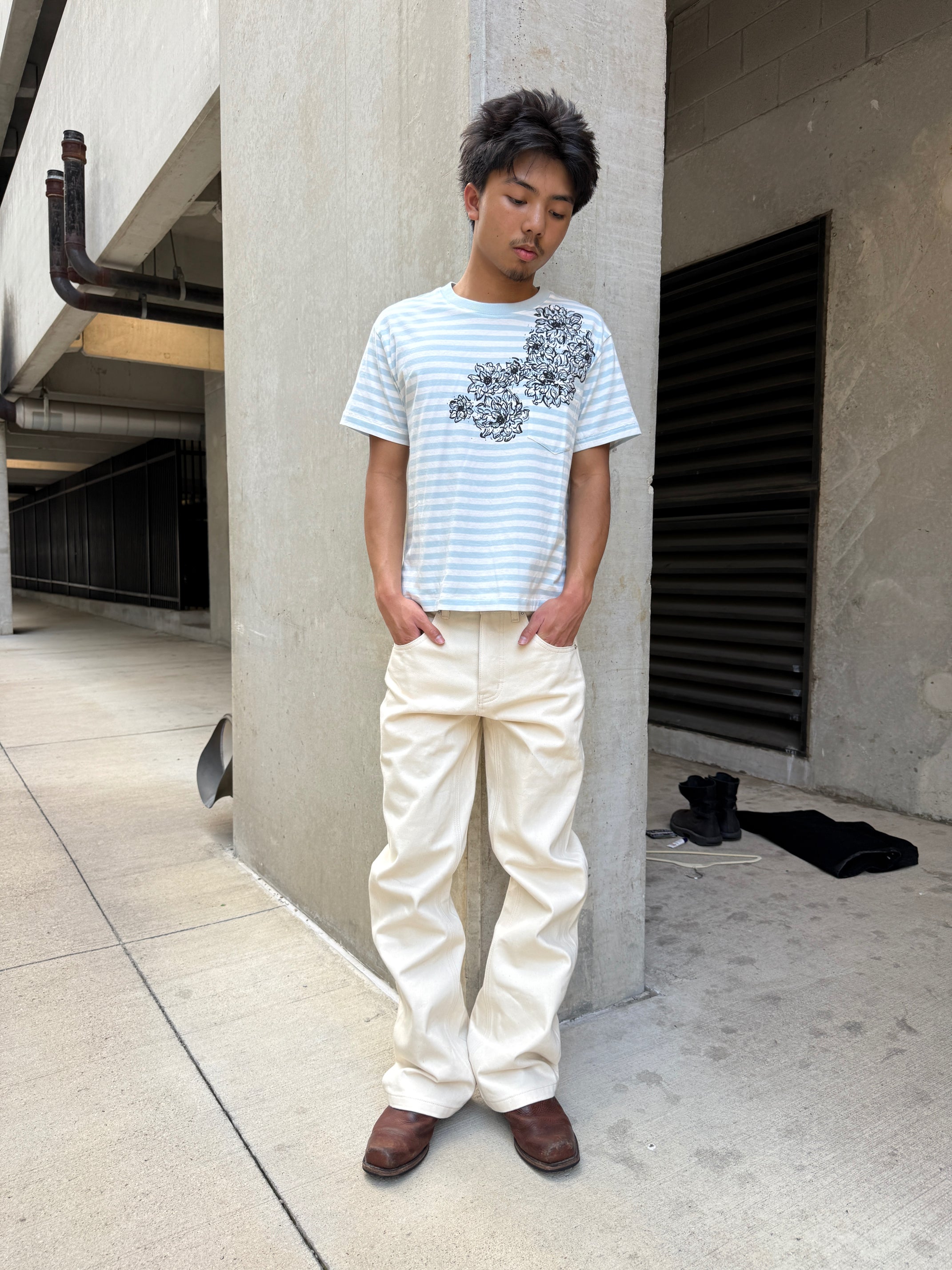 Light Blue Striped Lotus Tee